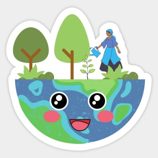 Cute Green and Clean Happy Earth Sticker